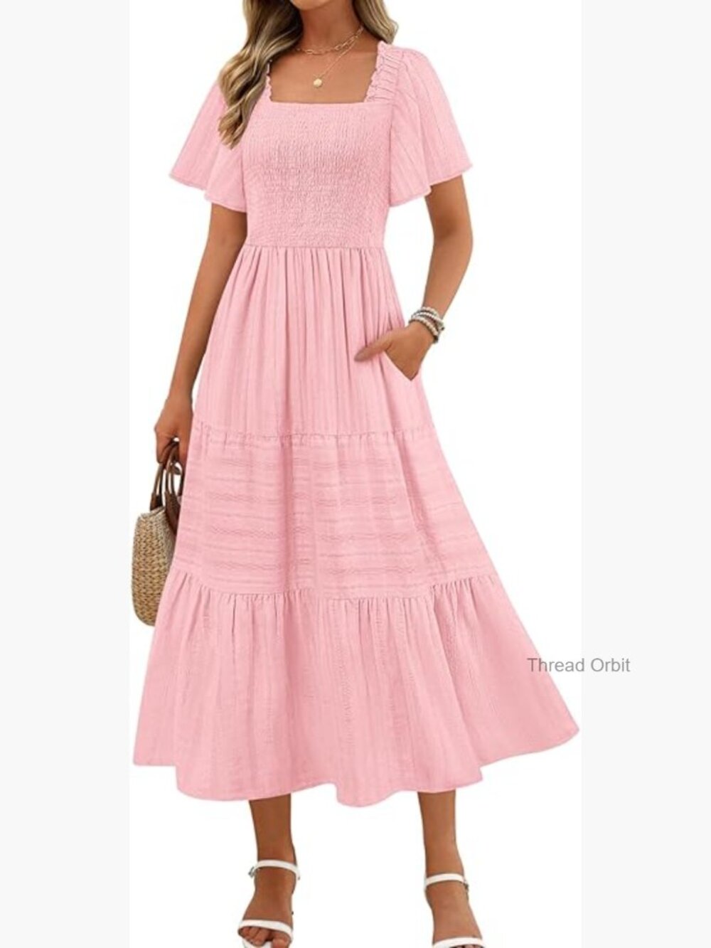 Summer Flowy Midi Maxi Dress Short Sleeve Square Neck Smocked Tiered Ruffle Boho